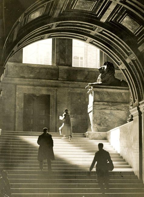 June 13, 1926: The play of light on the marble of the grand staircase at the Boston Public Library lead one up to the twin lions on pedestals at the turn of the stairs. The lions were made from unpolished Siena marble by sculptor Louis Saint-Gaudens. They are memorials to the Second and Twentieth Massachusetts Civil War infantry regiments. Boston Globe Archives, uncredited Boston Architecture, Boston History, Boston Strong, Boston Public Library, Grand Staircase, Vintage Photographs, Public Library, Siena, New Hampshire