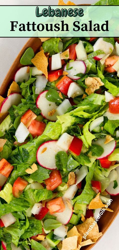 a plate of lebanese fattoush salad Fattoush Dressing, Lebanese Recipes Authentic, Lebanese Fattoush Salad, Fattoush Salad Recipe, Lebanese Salad, Fattoush Salad, Middle East Recipes, Lentils And Rice, Middle Eastern Dishes