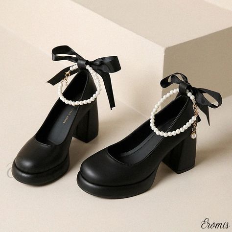 Genuine Soft Leather Mary Jane Pumps with Chunky Heels and Sweet Retro Butterfly Bow Closed Toed Shoes, Cute Black Heels, Mary Jane Shoes Heels, Chunky Pumps, Retro Butterfly, Pretty Heels, Heels Aesthetic, Rough Heels, Butterfly Bow