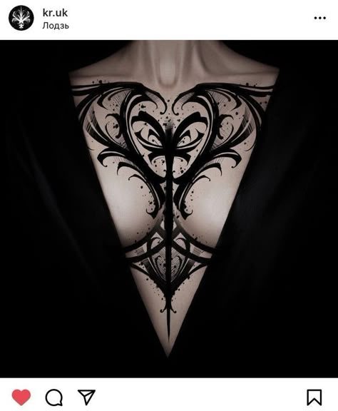 Dark Chest Tattoos For Women, Abstract Wing Tattoo, Dark Ornamental Chest Tattoo, Goth Chest Tattoo Female, Dark Sternum Tattoo, Womens Chestpiece Tattoo, Mystical Tattoo Ideas, Cool Chest Tattoos For Women, Dark Ornamental Tattoo Design