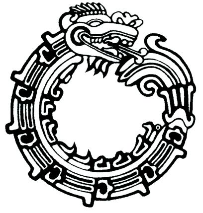 Aztec Ouroboros Quetzalcoatl Seven-segmented Aztec Ouroboros - The serpent god Quetzalcoatl is sometimes portrayed biting his tail on Aztec and Toltec ruins. A looping Quetzalcoatl is carved into the base of the Pyramid of the Feathered Serpent, at Xochicalco Casper Tattoo, Aztec Drawing, Aztec Symbols, Mayan Tattoos, Ouroboros Tattoo, Aztec Tattoos, Aztec Tattoo Designs, Mayan Symbols, God Tattoos