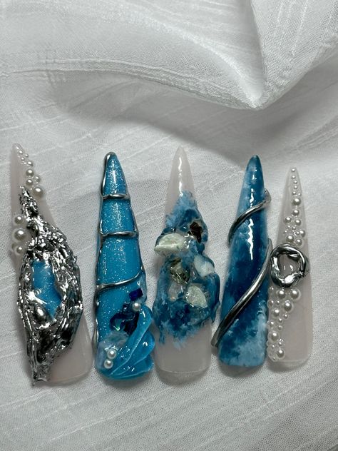 Press on nails blue nail art 3d chrome nails glitter stiletto long pearls Aquatic Nails, Aquarium Nails, Rave Nails, Monster Nails, Sea Nails, Crazy Nail Art, Wow Nails, Beauty Nails Design, Stylish Nails Designs