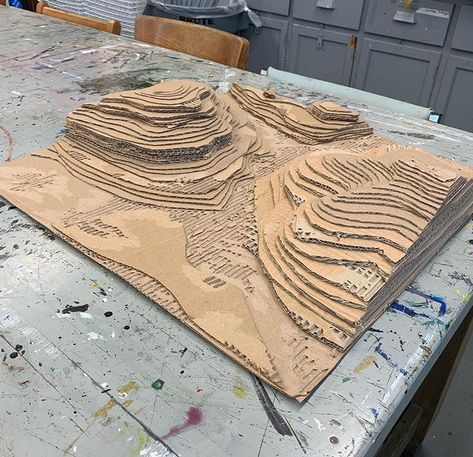 Cardboard Relief Sculpture Landscape, Cardboard Topography Model, Landscape Maquette, Cardboard Mountains, Cardboard Mountain, Contour Architecture, Topography Model, Cardboard Landscape, Terrain Building