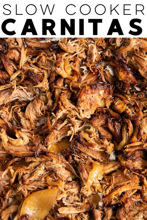 This amazing Pork Carnitas Recipe is slow-cooked until perfectly tender, juicy, and full of flavor. So easy to make, this delicious Mexican pulled pork is perfect for tacos, burritos, tostadas, and quesadillas! Shredded Pork Tostadas, Spanish Pulled Pork Crock Pot Recipes, Pork Shredded Tacos, Pork Tostadas Shredded, Mexican Pulled Pork Slow Cooker, Shredded Pork For Tacos, Pulled Pork Tostadas Recipe, Pork Loin Carnitas Instant Pot, Pork Roast Pulled Pork Crockpot