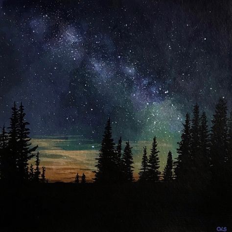 Acrylic painting of the Milky Way Galaxy with some soft clouds and tree silhouettes in the foreground. Technique is linked on my instagram stories! Milky Way Painting, Soft Clouds, The Milky Way Galaxy, References For Drawing, 100 Day Challenge, Midnight Sky, Milky Way Galaxy, Sky Painting, The Milky Way