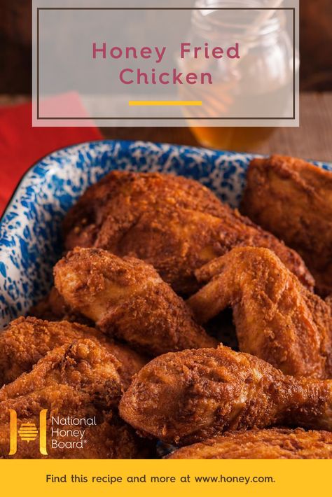 Who's in need of a little #comfortfood? We've got you covered with our Honey Fried Chicken! Not only does #honey ensure balanced flavor, it also keeps the chicken moist and helps bind the baking mix, resulting in a dish that looks as good as it tastes. Honey Kettle Fried Chicken Recipe, Honey Dipped Fried Chicken, Honey Mustard Fried Chicken, Honey Fried Chicken Recipe, Recipes Using Honey, Cooking With Honey, Honey Mustard Chicken Thighs, Honey Fried Chicken, Recipe Using Honey