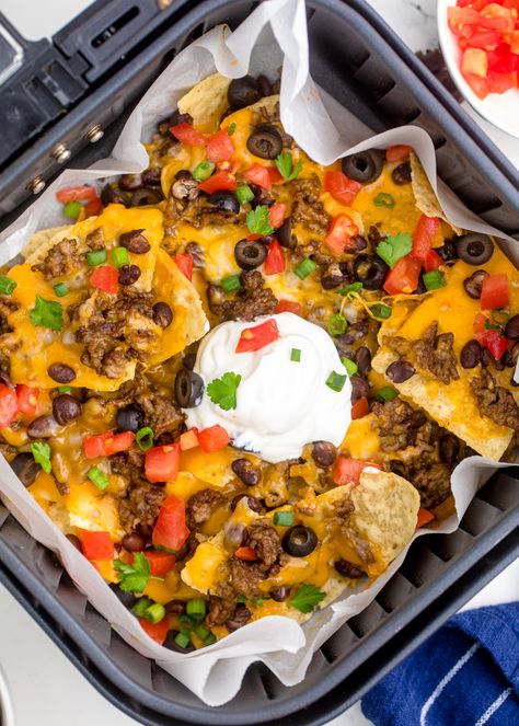 Air Fryer Nachos - My Incredible Recipes Air Fryer Nachos, Nachos Ingredients, Can Black Beans, Olive Relish, Nachos Recipe, Gooey Cheese, Taco Meat, Incredible Recipes, Football Food