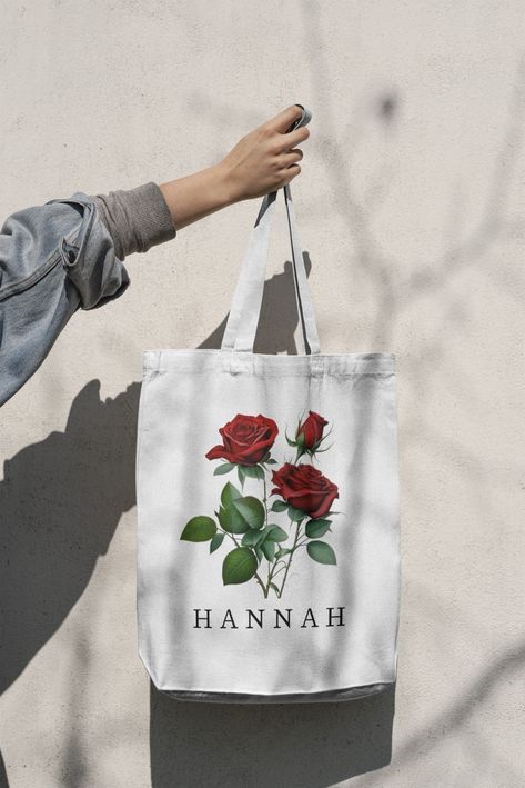 Personabled Gift Totebag with Your Name and Red Rose Bouquet | Custom Name Tote Bag | Gifted Lovers Giftful | Gifted Lovers Gift Rose Tote Bag, Red Rose Bouquet, Beautiful Red Roses, Bridemaids Gifts, Bouquet Design, Causual Outfits, Cotton Tote Bag, Birthday Gift Ideas, Lovers Gift