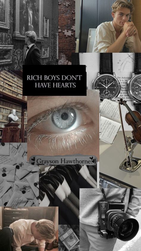 Black and white photos with some pops of color. Some pictures have a blonde man. The main center is a person with grey eyes to go with the description of Grayson Hawthorne from the Inheritance Games. The Inheritance Games Grayson, Grayson Hawthorne Aesthetic, Hawthorne Aesthetic, Grayson Hawthorne, Inheritance Trilogy, The Inheritance Games, Inheritance Games, Collage Book, Time Pictures