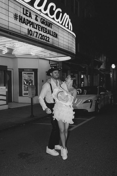 Bride and groom 3rd outfit change for the after party in downtown Charleston. Light up cowboy hats and matching Air Force Ones. Style Me Pretty featured wedding. Southern Charm Wedding, Las Vegas Wedding Photos, William Aiken House, Fancy Dinner Party, Downtown Charleston, Las Vegas Elopement, Charleston Wedding Photographer, Vintage Inspired Wedding, Fancy Dinner