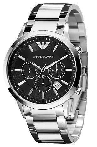 Emporio Armani Watch Mens AR2434. The power house Emporio Armani is an upscale label designed for young thinking adults. There are numerous wonderful things about the Emporio Armani watches as Emporio Armani represents a world known brand, as this brand is a symbol of style, quality and fashion. Arrive on time with this classic watch from Emporio Armani. The stainless steel case features a mother-of-pearl dial with roman numeral hour markers and a date window for added functionality. The polishe Emporio Armani Watch, Armani Watch, Armani Watches, Skeleton Watches, Mens Chronograph, Armani Black, Gents Watches, Classic Watches, Armani Men