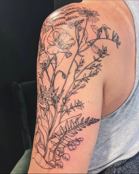 Flower Half Sleeve Upper Arm, Arm Sleeve With Flowers, Woman Floral Half Sleeve Tattoo, Flower Outline Arm Tattoo, Women’s Floral Shoulder Tattoo, Half Sleeve Flower Tattoos For Women Upper Arm, Nature Upper Arm Tattoo, Meadow Sleeve Tattoo, Floral Arm Sleeves