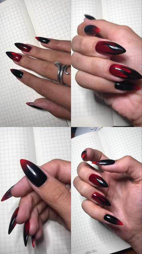 Step into the New Year with style - explore chic and sparkling nail designs! Red Nails Flame Design, Black Nails Red Flames, Black And Red Nails Design Ideas, Red Lightning Nails, Black And Red Nails Ideas Goth, Red And Black Formal Nails, Red Witch Nails, Black To Red Ombre Nails, Black And Red Goth Nails