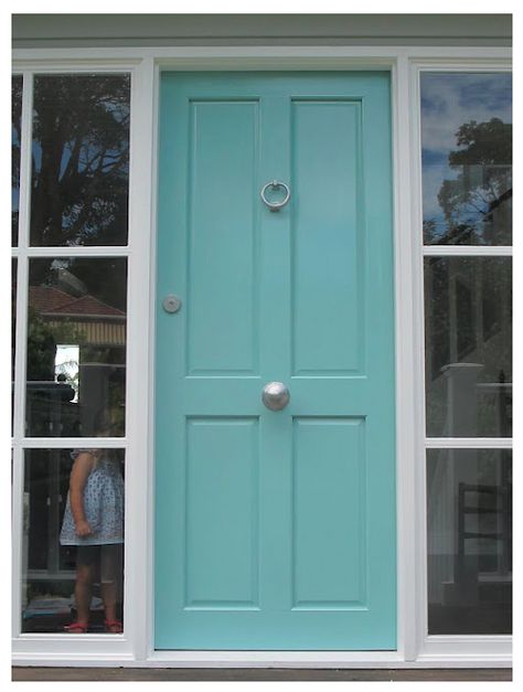 . Spirit In The Sky, Exterior Door Colors, Tan House, Turquoise Door, Blue Front Door, Front Door Paint Colors, Door Paint Colors, Painted Front Doors, Front Door Colors