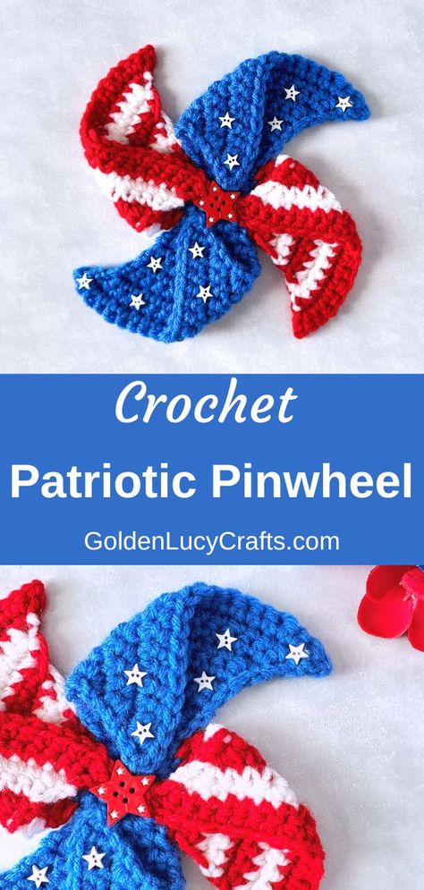 Crocheted pinwheel for the 4th of July in red, white and blue colors. Pinwheel Crochet, Summer Crochet Patterns Free, Patriotic Crafts Diy, Holiday Crochet Patterns, Pin Wheel, Easy Crochet Hat, Crochet Christmas Gifts, Earrings Patterns, Patriotic Crafts