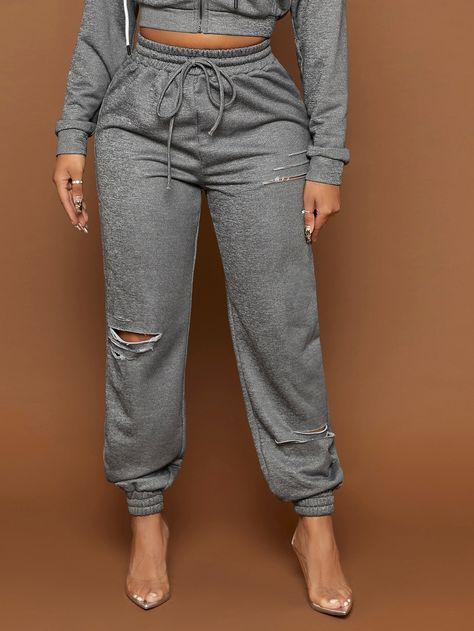 SHEIN SXY Drawstring Waist Ripped Sweatpants Ripped Sweatpants, Gray Drawstring Joggers For Leisure, Gray Leisure Joggers With Drawstring, Gray Sports Joggers With Ribbed Waistband, Gray Sporty Joggers With Ribbed Waistband, Gray Sporty Joggers With Drawstring, Clean Body, Drawstring Waist, Winter Women