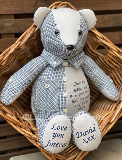 This handsome 18” Signature memory bear is a thoughtful gift from Wendy to her dear friend Pat in memory of Pats much loved and sadly missed husband David. Handmade with love from a shirt & chinos, complete with personalized embroidered verse and keepsake pockets 💙 #memorybears #keepsakebear #handmadewithlove #littleartibellacrafts #yorkshire Memory Bears From Shirts, Keepsake Teddy Bear, Teddy Bear Patterns Free, Diy Plush Toys, Memory Bears Pattern, Bear Patterns Free, Bargello Patterns, Teddy Bear Sewing Pattern, Keepsake Bear