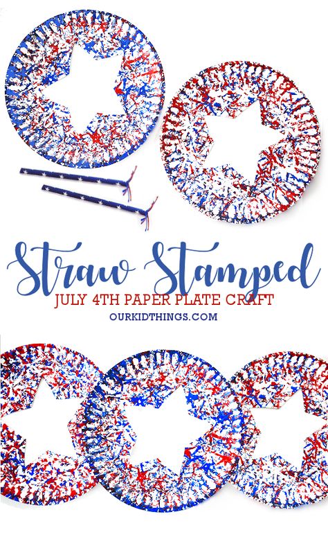 Straw Stamped Paper Plate July 4th Craft Easy 4th Of July Crafts, Plate Crafts For Kids, 4th Of July Crafts, Fourth Of July Crafts For Kids, Fireworks Craft, Paper Plate Crafts For Kids, 4th July Crafts, Summer Camp Crafts, Summer Preschool