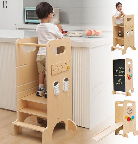 Learning Tower, JUZBOT 4 in 1 Toddler Tower Kitchen Stool Helper Wooden Height Adjustable Standing Tower for Kitchen Counter with Slide, High Chair, Chalkboard Montessori Activities Toddler Kitchen Stool, Toddler Tower, Toddler Kitchen, Kitchen Step Stool, Kitchen Stool, Learning Tower, Wood Room, Wooden Ladder, Smart Kitchen