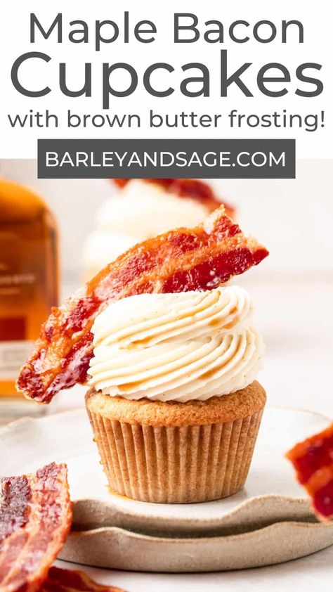 These maple bacon cupcakes are full of flavor from real maple syrup and then topped with bourbon brown butter frosting and candied bacon for the perfect sweet and salty treat! Candied Bacon Cupcakes, Breakfast Recipes With Bacon, Bacon Cupcakes Recipe, Recipes With Bacon, Maple Bacon Cupcakes, Bacon Cake, Bacon Desserts, Pancake Cupcakes, Bacon Cupcakes