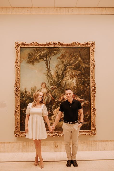 Museum Family Photoshoot, Couple Photoshoot Museum, Art Museum Photoshoot Couple, Art Museum Engagement Shoot, Engagement Photos In A Museum, Engagement Photo Museum, Museum Couple, Unique Couples Photoshoot, Winter Engagement Photoshoot