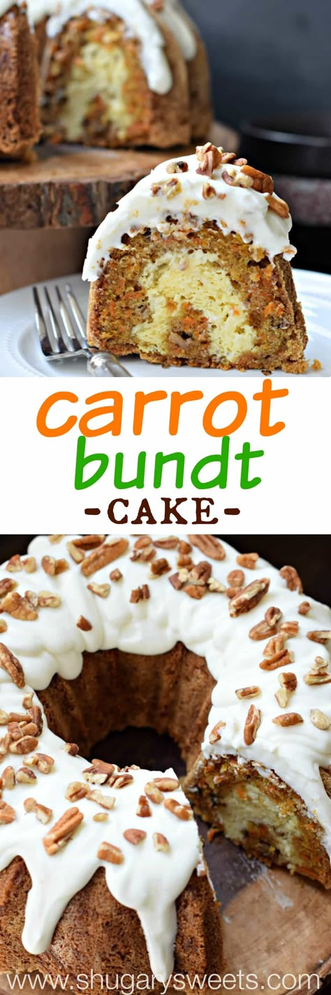 Carrot Bundt Cake with a ribbon of cheesecake swirl and Cream Cheese frosting! Topped with some chopped pecans! #thinkfisher Thanksgiving Desert, Carrot Bundt Cake, Monday Recipes, Coconut Dessert, Brownie Desserts, Pumpkin Pies, Oreo Dessert, Carrot Cake Recipe, Bundt Cakes Recipes