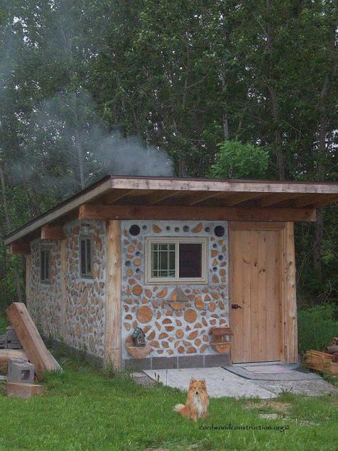 Cordwood Construction, Cordwood Homes, Good Sense Of Humor, Northern White Cedar, Cord Wood, Off Grid Cabin, Outdoor Bath, Guest Cabin, Earth Homes