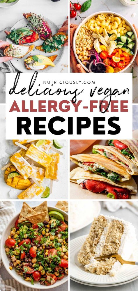 These allergy-friendly recipes are vegan, healthy, easy, and tasty! Find breakfast, lunch, dinner, & snack ideas that are egg-free, nut-free, soy-free, gluten-free, dairy-free, and more. Allergen Free Vegan Recipes, Dairy Free Recipes Vegetarian, Low Sodium Gluten Free Dairy Free Recipes, Dairy And Egg Free Recipes Dinner, Allergy Friendly Potluck Recipes, Wfpb Gluten Free Recipes, Dairy And Egg Free Meals, Dairy Egg And Soy Free Recipes, Gluten Dairy Egg Soy Nut Free Recipes Easy