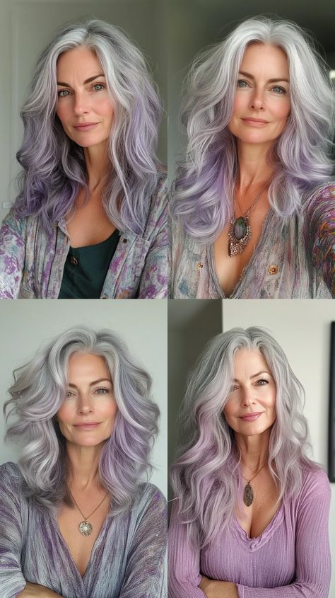 24 Fabulous Grey Hair Colors That Will Make You Look Gorgeous Grey Hair With Pink Highlights, Grey Hair With Purple Highlights, Grey With Highlights, Lilac Grey Hair, Blend Gray Hair, Silver Purple Hair, Lavender Hair Ombre, Purple Blonde Hair, Silver Blue Hair