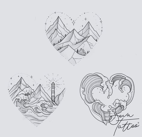 Heart And Mountain Tattoo, Mountain Night Sky Tattoo, Mountains Ocean Tattoo, Mountain Heart Tattoo, Matching Acotar Tattoos, Ocean And Mountain Tattoo, Mountain Ocean Tattoo, Hiker Tattoo, Biblical Tattoos