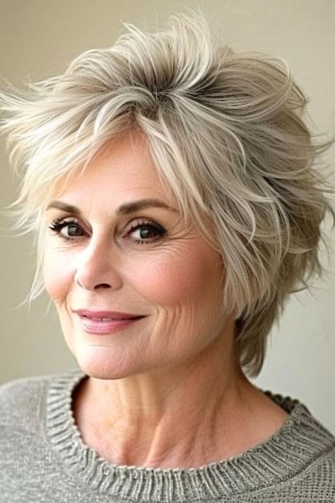 Textured layered pixie wash and wear hairstyle for women over 60. Wash And Wear Hairstyles, Senior Hairstyles, Wash And Wear Haircuts, Layered Pixie Cut, Hairstyles For Seniors, Haircuts 2024, Hair Tricks, Hairstyles For Women Over 60, Shaggy Short Hair