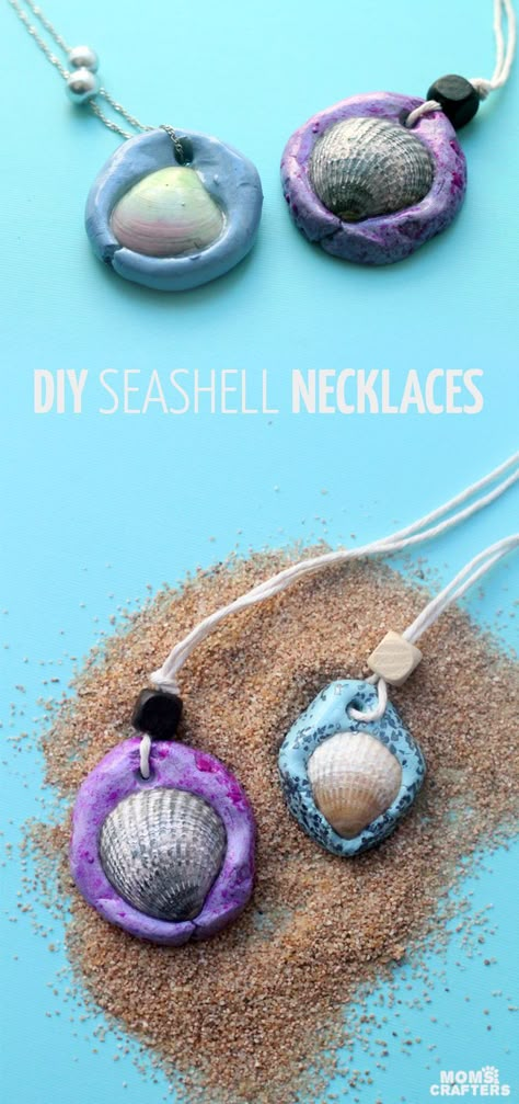 Make an easy DIY seashell necklace for your little mermaid - this easy jewelry making craft for kids is also a perfect summer camp activity for tweens and teens! It's made from air dry clay and a super cool glaze, with instructions for adding different te Summer Camp Activity, Seashell Necklaces, Summer Camp Activities, Mermaid Crafts, Summer Camp Crafts, Camp Crafts, Vbs Crafts, Easy Jewelry, Art Camp