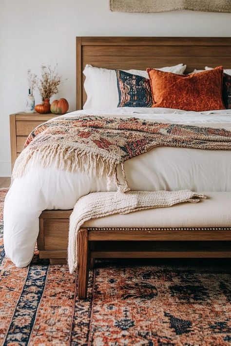 15 Warm and Cozy Fall Bedroom Decor Ideas for a Seasonal Glow-Up Boho Fall Bedroom, Warm Color Palettes, Fall Tray, Halloween Kitchen Decor, Cozy Fall Bedroom, Fall Bedroom Decor, Bedroom Styling, Fall Mantle, Fall Bedroom