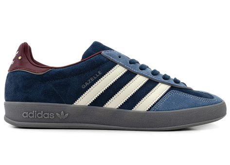 Men's Adidas Gazelle Indoor Burgundy Sneakers in Crew Navy Blue/Gold Metallic/Off White Navy Blue Outfit, Burgundy Sneakers, Adidas Gazelle Indoor, Adidas Shoes Originals, Bold Shoes, Big Sunglasses, Funky Shoes, Red Sneakers, Hot Sneakers