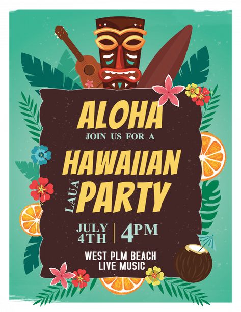 Luau party Hawaii invitation flyer poster template Hawaii Invitation, Hawaiian Luau Party Invitations, Hawai Party, Hawaiian Invitations, Luau Party Invitations, Hawaii Themed Party, Luau Invitations, Hawaiian Party Theme, Aloha Party