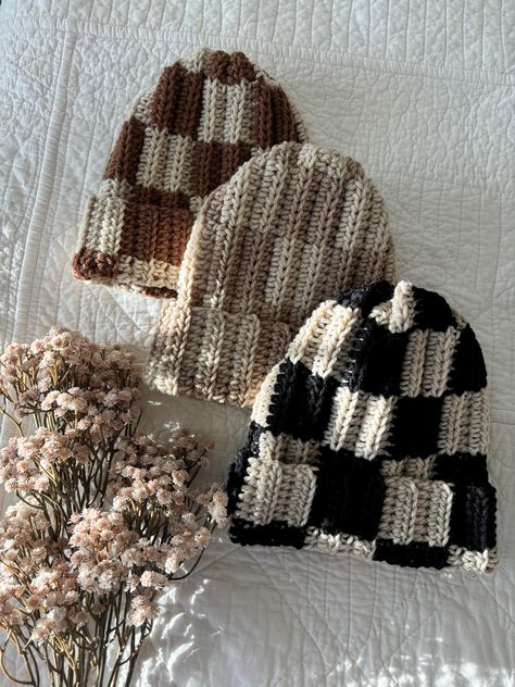 Checkered Crochet Beanie (Physical Item) Checkered Beanie, Checkered Crochet, Beanie Knitting Pattern, Beanie Knitting, Handmade Beanies, Brown Crochet, Eco Friendly Accessories, Knitting Needle, Needle Point