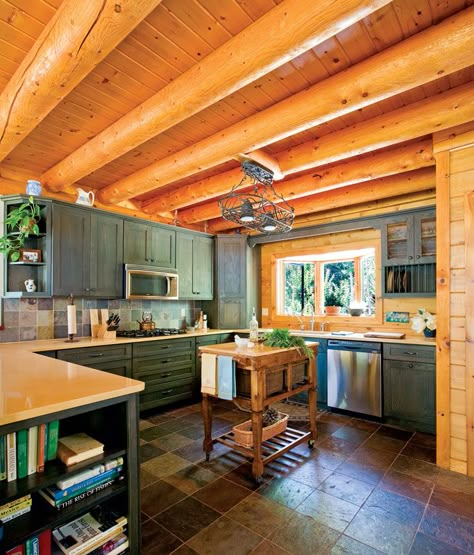 Cabin Kitchen Cabinets, Modern Cabin Kitchen, Knotty Pine Kitchen, Log Cabin Kitchens, Log Cabin Kitchen, Log Home Kitchen, Log Home Kitchens, Log Cabin Interior, Pine Kitchen