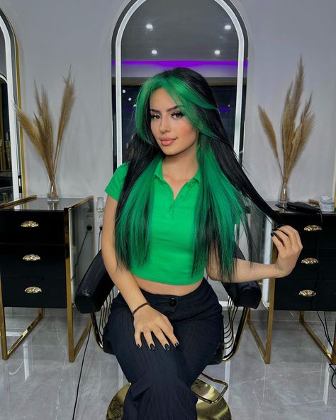 Black With Green Hair, Black Hair Green Money Piece, Green Underdye Hair, Black Hair With Green Highlights, Green Money Piece, Green Hair Dye Ideas, Black Green Hair, Green And Red Hair, Green Black Hair