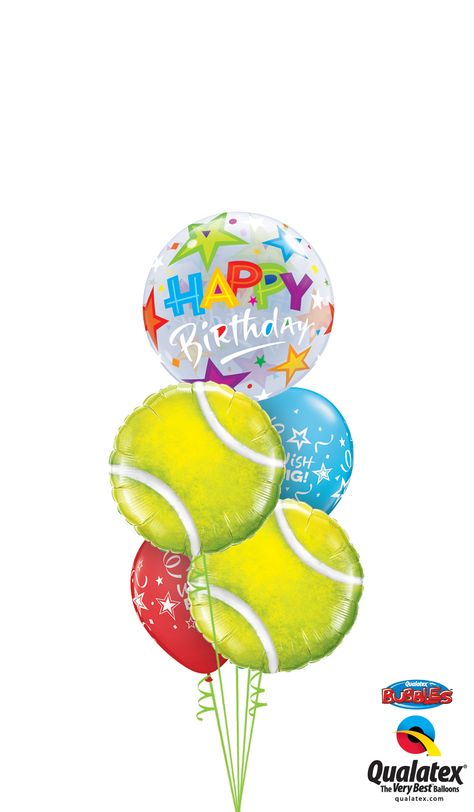 If you want to make this tennis boy or girl smile, bring them this balloon bouquet featuring a birthday Bubble balloon and tennis Microfoil balloons. #qualatex #sport #balloon #tennis Happy Birthday Tennis, Balloon Tennis, Tennis Cake, Tennis Birthday, Arm Painting, Tennis Quotes, Tennis Gifts, Girl Smile, Birthday Congratulations