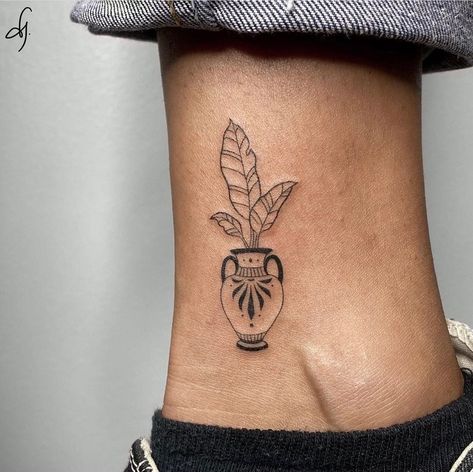 Cantarito Tattoo, Mediterranean Tattoos, Greek Pot Tattoo, Fine Line Vase Tattoo, Small Vase Tattoo, Simple Greek Tattoos, Small Greek Tattoos, Watering Can Tattoo, Greek Vase Tattoo