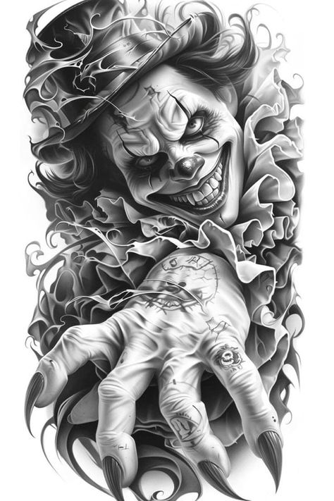 Evil Clown Tattoos, Memorial Tattoo Ideas, Female Warrior Tattoo, Joker Tattoo Design, Cool Tattoo Drawings, Realistic Tattoo Sleeve, Evil Tattoos, Clown Tattoo, Full Sleeve Tattoo Design