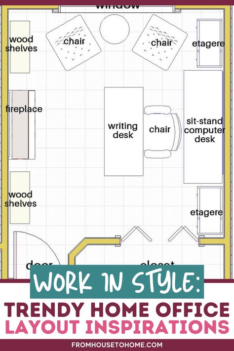 Home Office Layout: Work in Style with an Aesthetic and Functional Design Home Office Layout Ideas, Small Home Office Layout, Office Layouts, Blue Home Offices, Office Layout Ideas, Home Office Layouts, Office Paint Colors, Office Floor Plan, House To Home