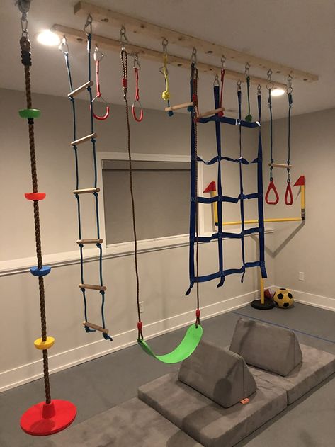 Ninja Warrior Course For Kids Basement, Ninja Course Basement, Ninja Room Ideas, Diy Gymnastics Room, Ninja Line Without Trees, Ninja Gym At Home, Ninja Warrior Basement, Diy Ninja Warrior Course Kids, Outdoor Ninja Course For Kids