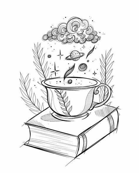 Storm In A Teacup Tattoo, Teacup Tattoo, Bookish Tattoos, Theme Tattoo, Fairy Tattoo, Famous Artwork, Book Tattoo, Book Drawing, Doodle Art Designs