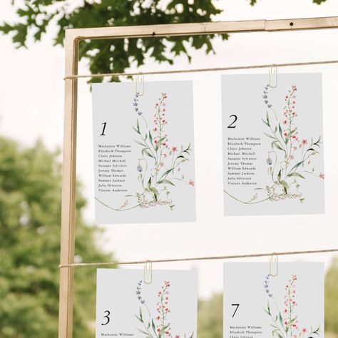 Wedding Table Chart Display, Table Numbers Garden Wedding, Seating Chart Wedding Flowers, Spring Wedding Seating Chart, Wedding Table Board, Seating Chart Florals, Wildflower Wedding Arch, Wedding Name Board, Wedding Guest Seating Chart