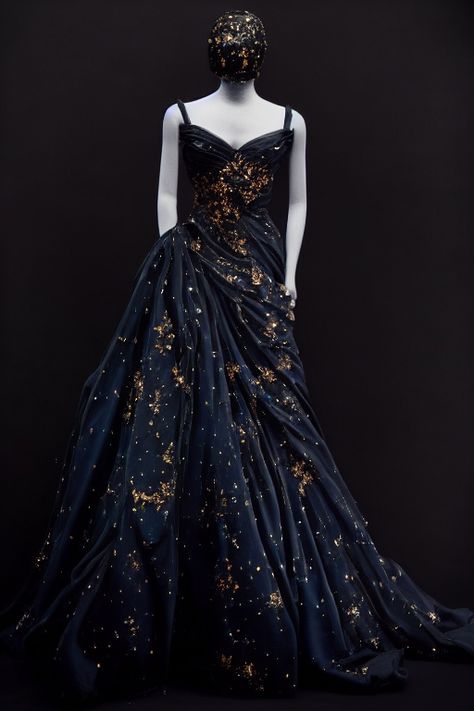 ACOTAR Night Court inspired gown Black Constellation Dress, Star Dresses Aesthetic, Starry Night Dance Theme Dress, Out Of This World Prom Dresses, Night Stars Dress, Starry Night Dress Gowns, Night Sky Dress Formal, Star Fall Dress Acotar, Prom Dresses Galaxy Theme