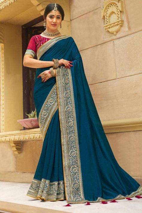 Teal Blue Silk Zari Embroidered Saree Contrast Saree, Bollywood Sarees Online, Saris Indian, Wedding Wear Saree, Trendy Saree, Wedding Sarees Online, Indian Wedding Lehenga, Blue Silk Saree, Indian Wedding Sarees