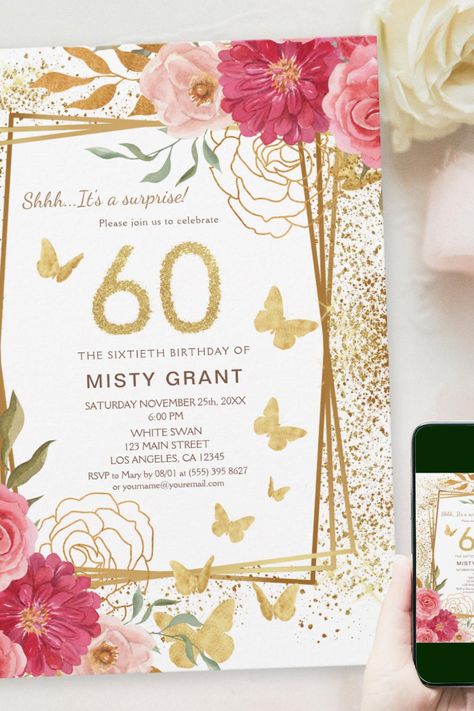 Sixty Milestone | Modern Gold & Pink 60th Birthday Invitation Birthday Themes For Women, 60 Th Birthday, 60th Birthday Ideas For Mom, Moms 60th, 60th Bday, Sixtieth Birthday, 60th Birthday Invitations, 60th Birthday Party, Birthday Themes