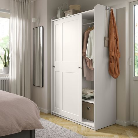 HAUGA Wardrobe with sliding doors, white, 461/2x215/8x783/8" - IKEA Narrow Wardrobe, Armoire Ikea, Sliding Wardrobe Doors, Sliding Wardrobe, Padded Headboard, Clothes Rail, Upholstered Bed Frame, Bedroom Wardrobe, Hanging Clothes