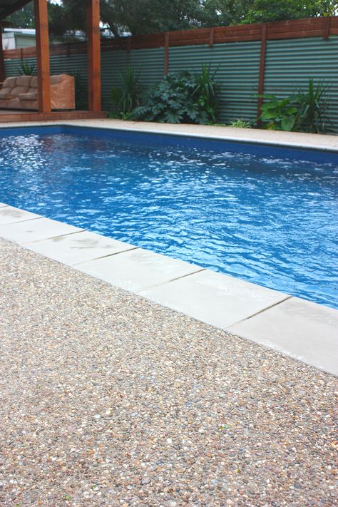 Murray Exposed Aggregate Mix - Poolside  www.mawsons.com Exposed Aggregate Pool, Aggregate Patio, Pool Decking Concrete, Decks Ideas, Pool Landscaping Ideas, Pool Paving, Inground Pool Designs, Pool Deck Ideas, Travertine Pool